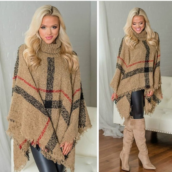 Sweaters - Softest Plaid Poncho - TAUPE